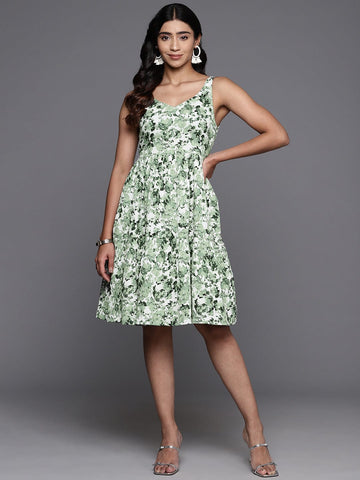 Varanga Green & White Floral Printed V-Neck,Back Details Tiered Dress With Flared Hem